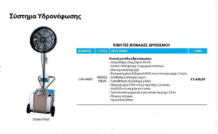 Κινητή μονάδα δροσισμού με αργόστροφη αντλία 1450rpm και ανεμιστήρα 60cm
