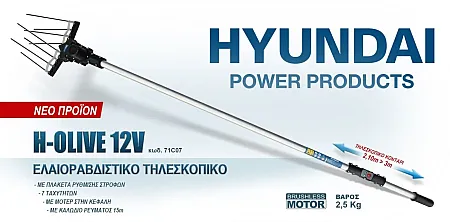 Το HYUNDAI H-OLIVE 12V είναι επαγγελματικό ελαιοραβδιστικό με μοτέρ στην κεφαλή (brushless) για άμεση μετάδοση ροπής, υψηλή απόδοση και χαμηλότερη συντήρηση. Το τηλεσκοπικό κοντάρι 2,10–3,00 m προσφέρει μεγάλο ωφέλιμο ύψος χωρίς σκάλα